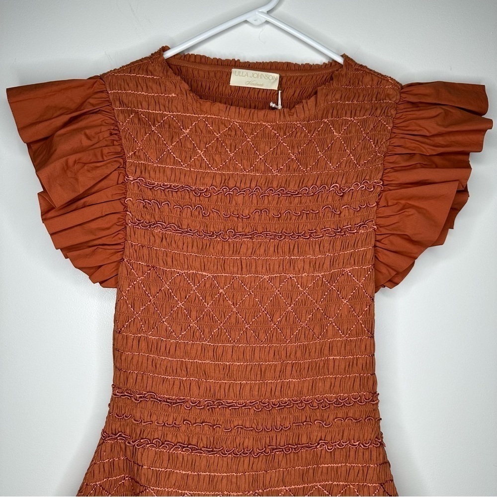 NWT ULLA JOHNSON Madeline Ruffled Smocked Midi Dress Size 6 - Picture 4 of 14